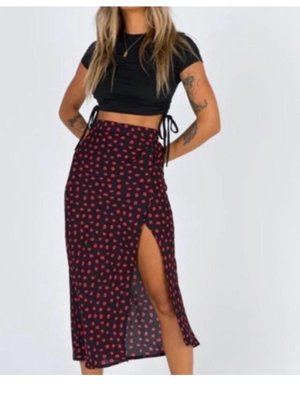 Princess Polly Black Midi Skirt with Red Polka Dot Print and Side Slit